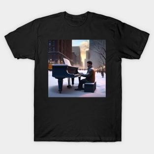 A Pianist Performing On The Streets Of Chicago USA In Winter T-Shirt